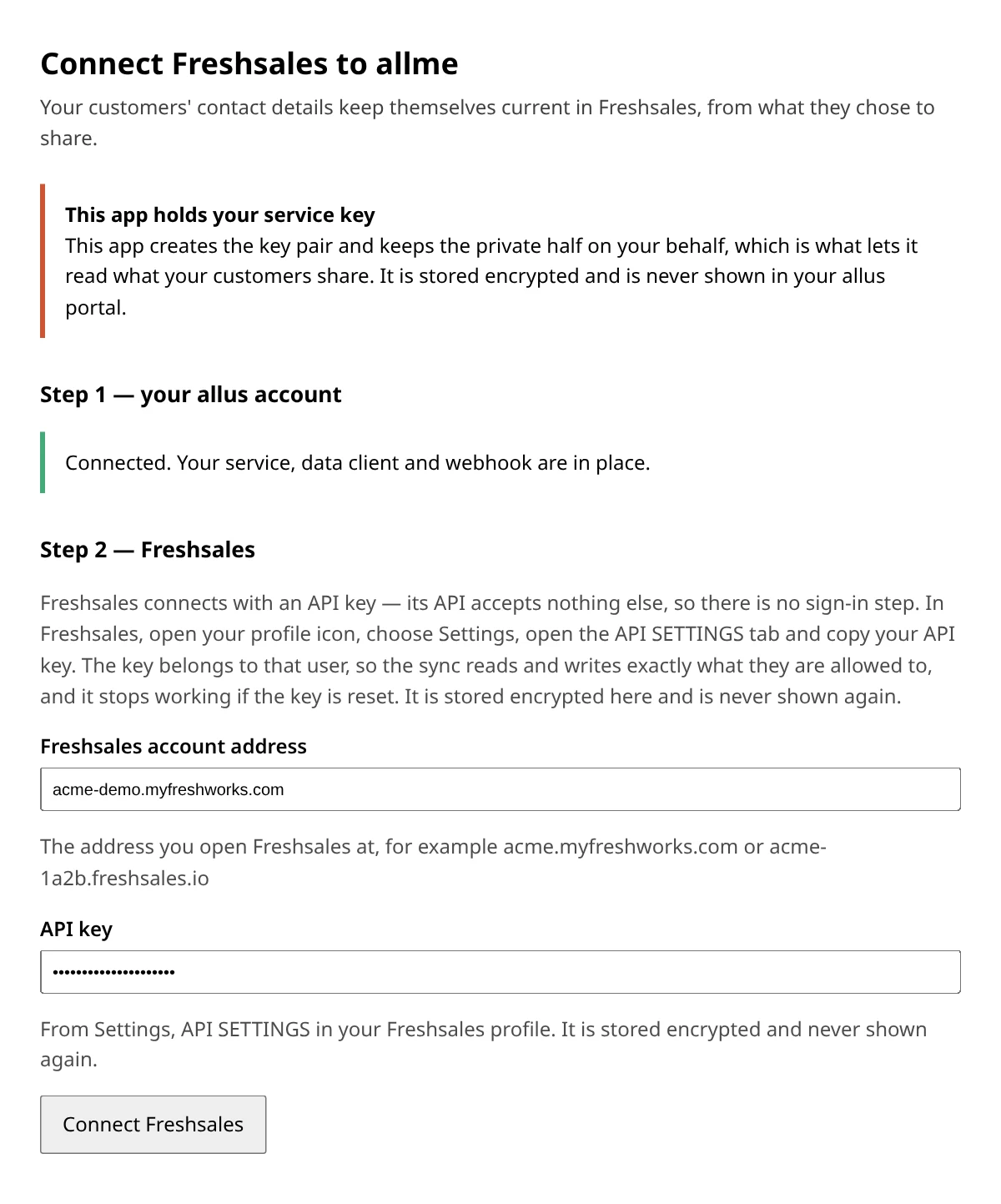 The Freshsales setup page showing the account address and API key fields filled in, with the Connect button.