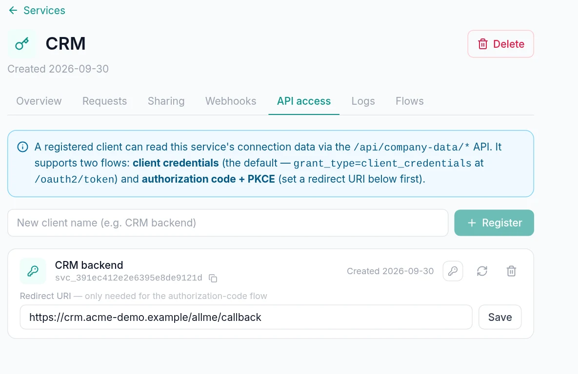 Portal → Configuration → Services → service → API access tab