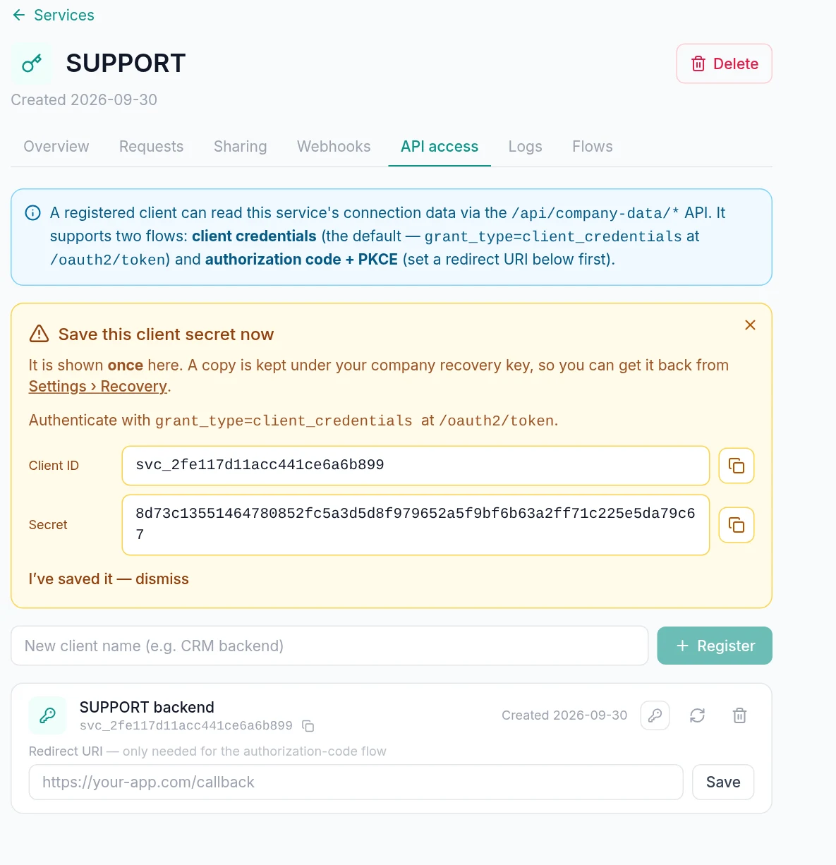 Portal → Configuration → Services → service → API access → Register client