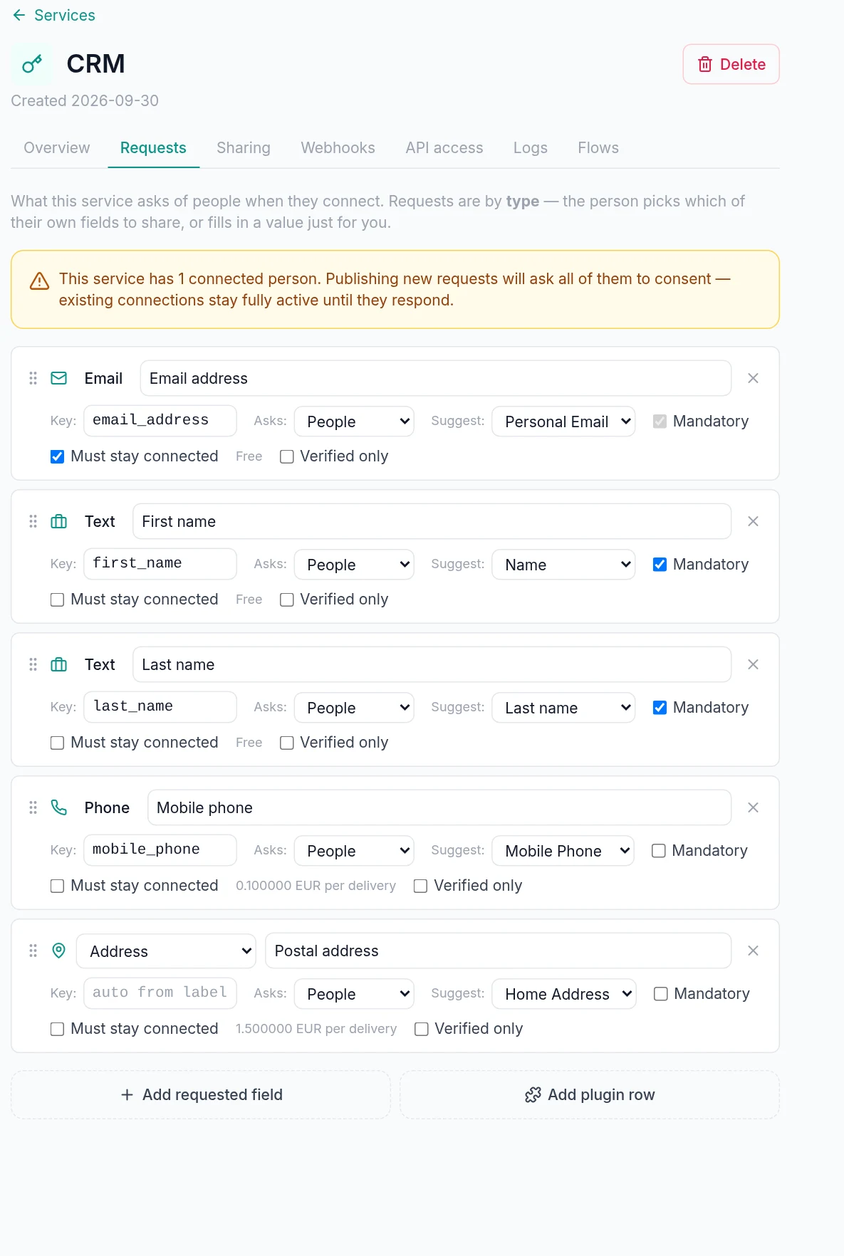 Portal → Configuration → Services → service → Requests tab → Add field