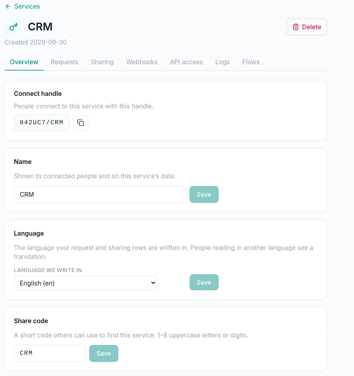 Portal → Configuration → Services → service → Overview tab → Share code